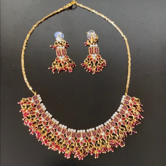 Jewelry - Bollywood CZ Ruby & Gold Necklace & Earrings Set